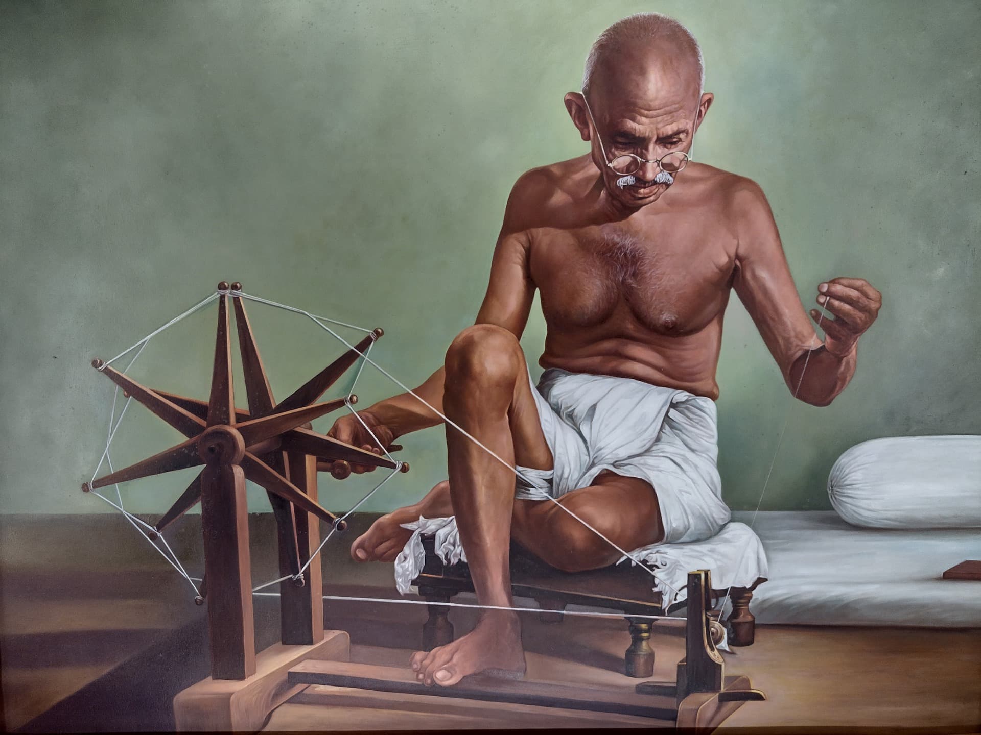 Mahatma Gandhi rendered in a heritage-toned background